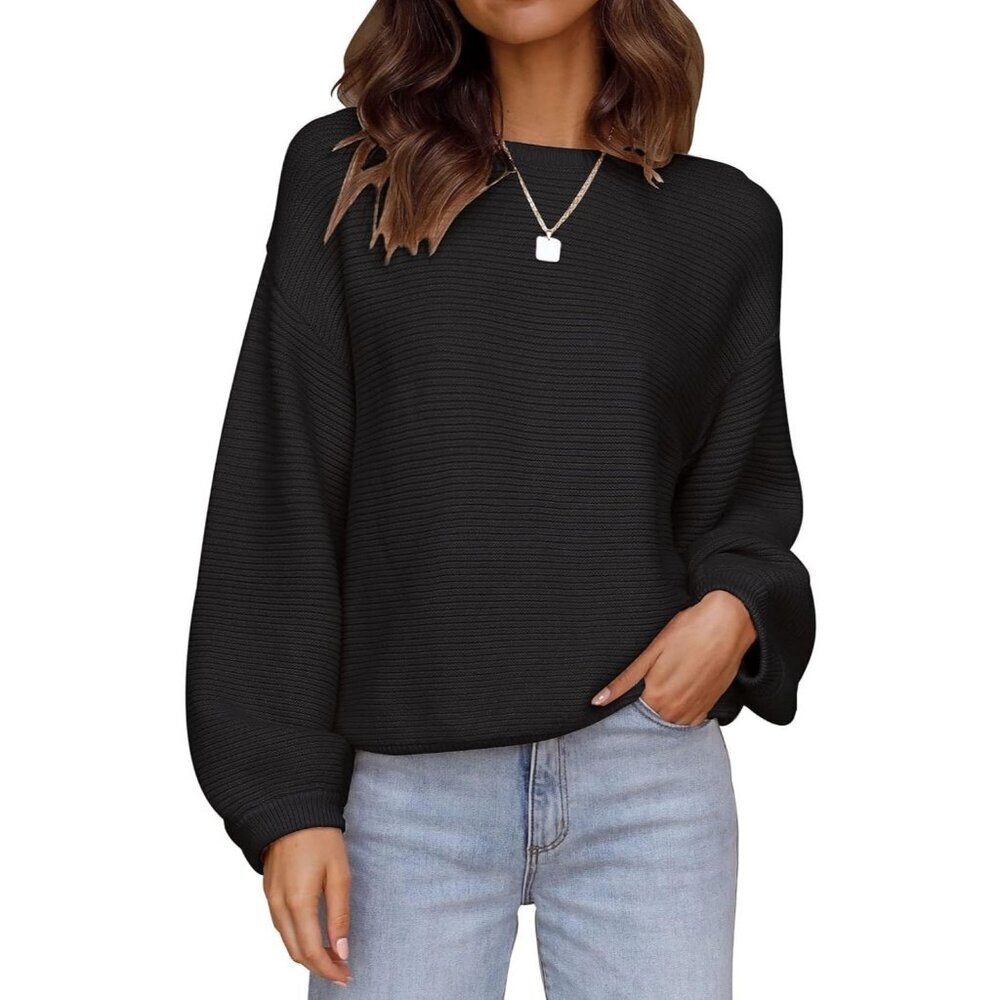 Women's Pullover Sweater Tops Black Crew Neck Long Sleeve Casual Loose Knit
